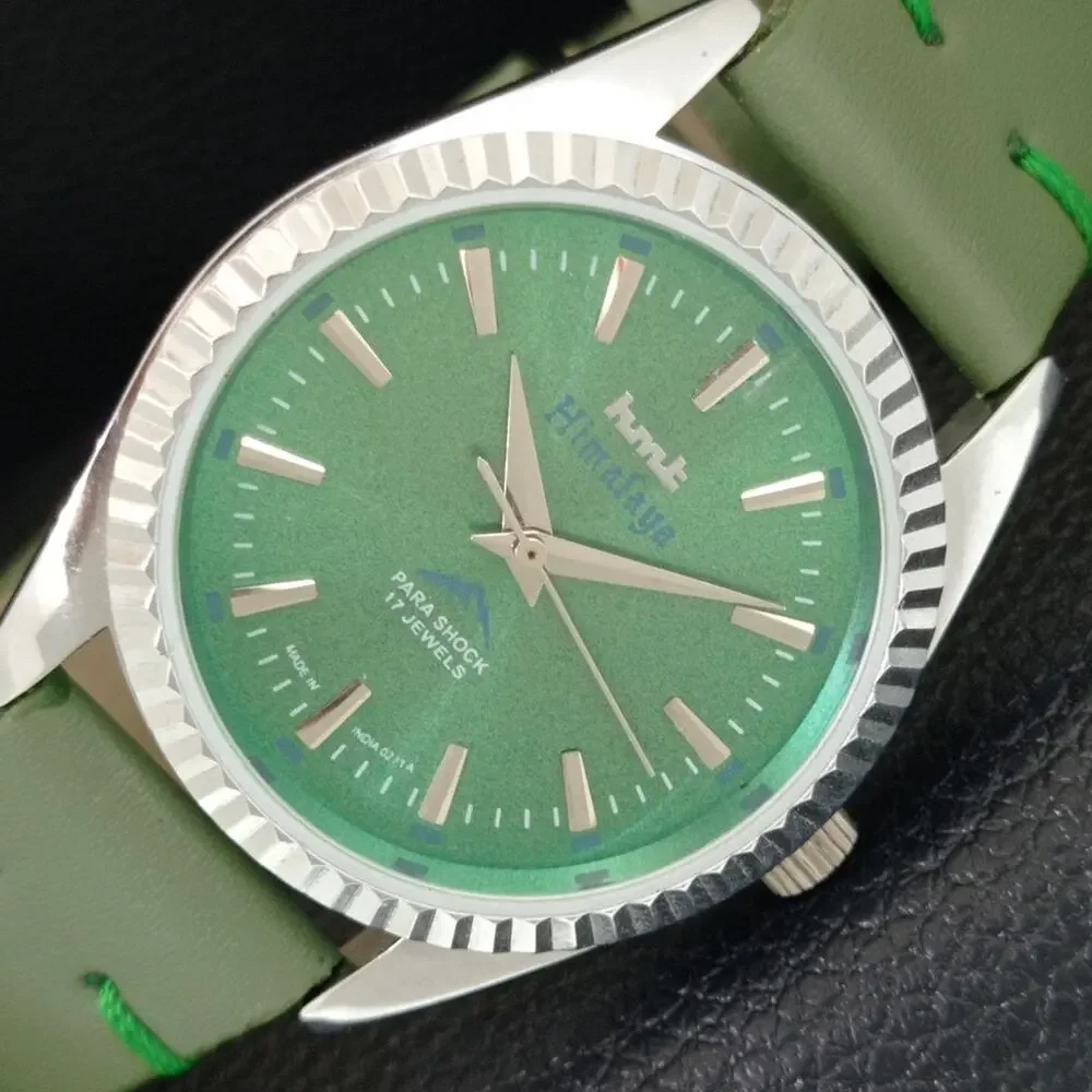 Vintage 1985 HMT Manual Wound Mens Silver Watch & Green accents